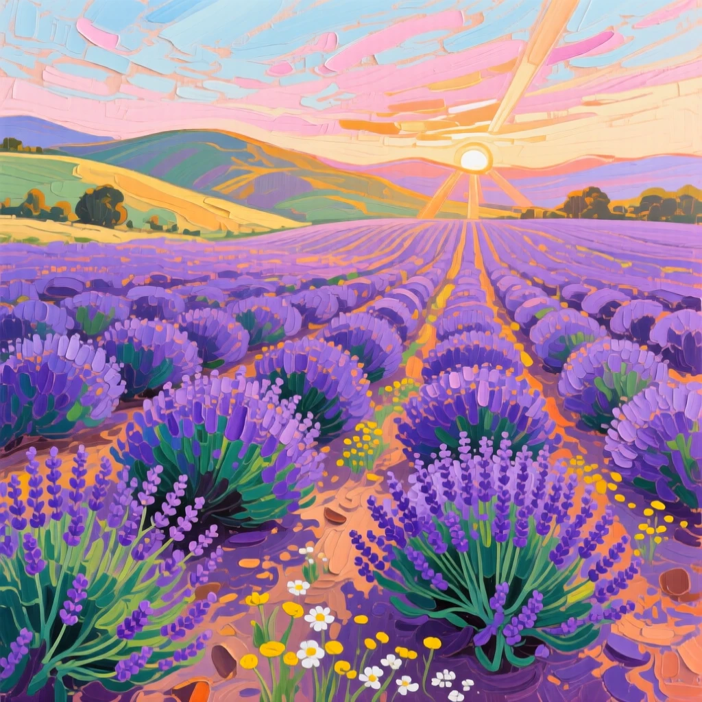 a lavender farm stretching toward distant hills, at sunrise, with layered visual detail from foreground to horizon.