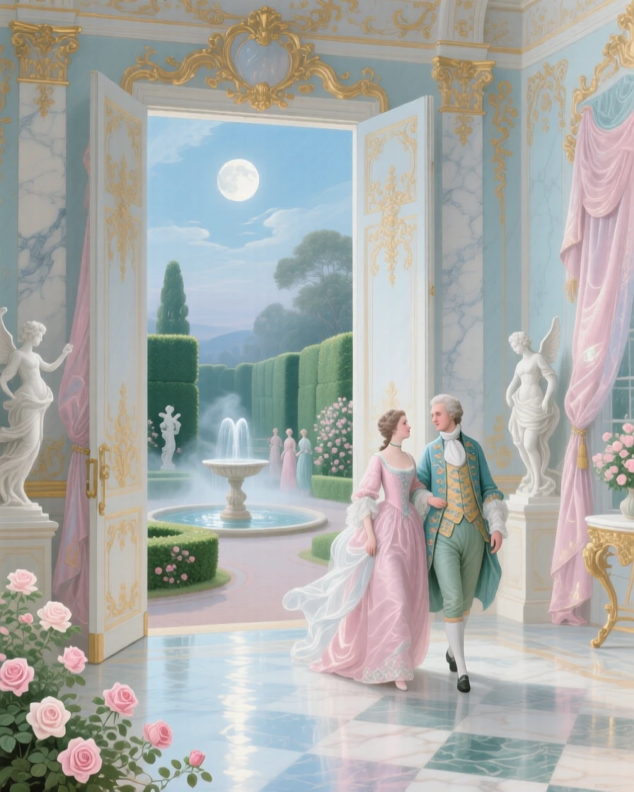 A moonlit marble gallery with open doors leading into formal gardens  