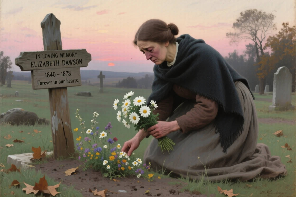A grieving widow placing flowers on a loved one's grave, eyes closed in quiet reflection, their hands shown in careful, expressive detail, capturing a universal, deeply human moment of emotion