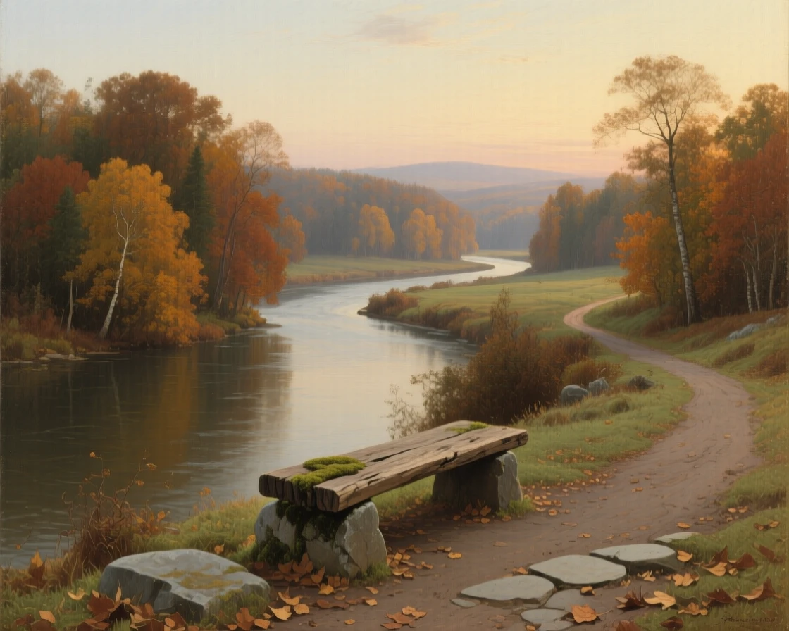 A winding river cutting through autumn forests ablaze with color holding the hush of early morning before the world awakens, set within reach of a winding country path, with a weathered bench or stone path inviting quiet contemplation; a winding path or river leads the eye deep into the distance, suggesting harmony between the natural world and the soul.