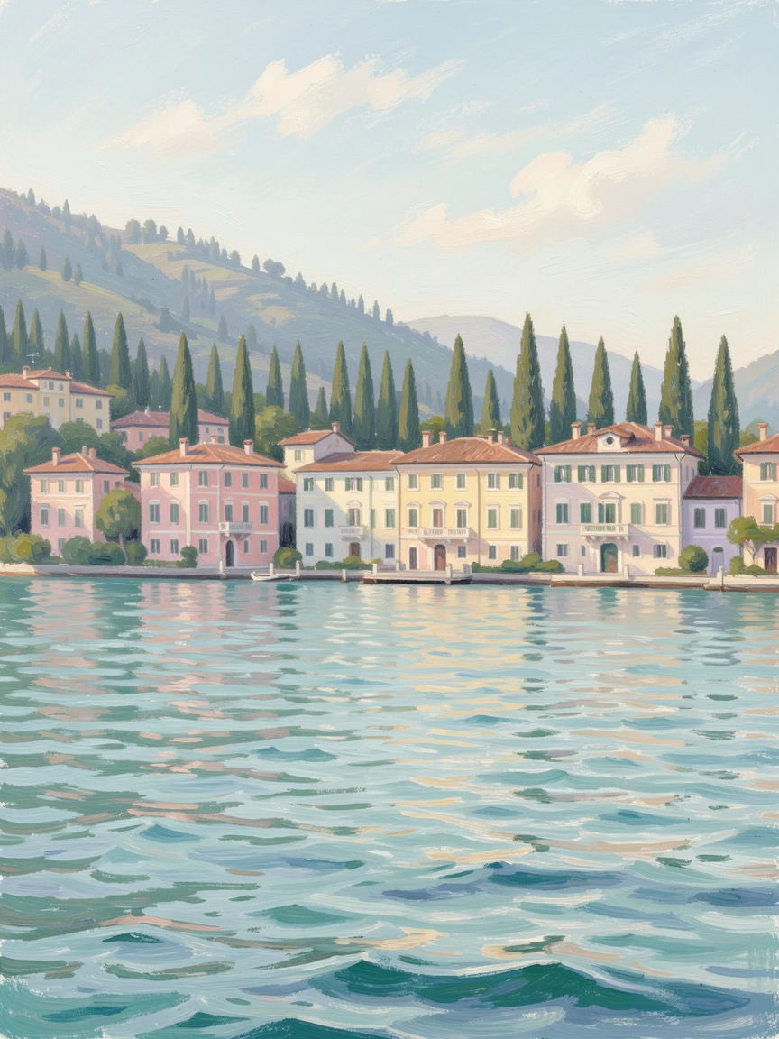 The turquoise waters of Lake Como framed by pastel villas and cypress-covered hills.