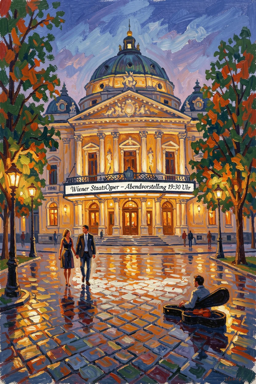 A quiet square in Vienna with a grand opera house glowing under evening lights.