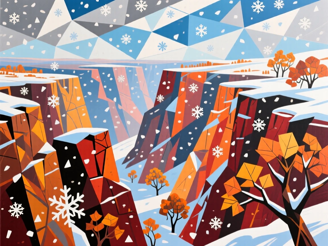 A panoramic view showing a rugged canyon beneath a canopy of drifting snow, during vibrant autumn.