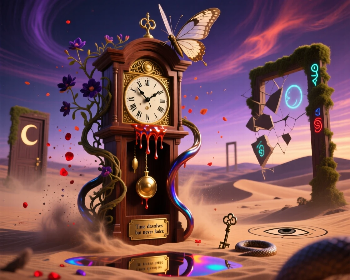 A grandfather clock whose hands melt slowly down its wooden face seems to shift slightly each time it is glanced away from, while dust drifts upward instead of settling down.