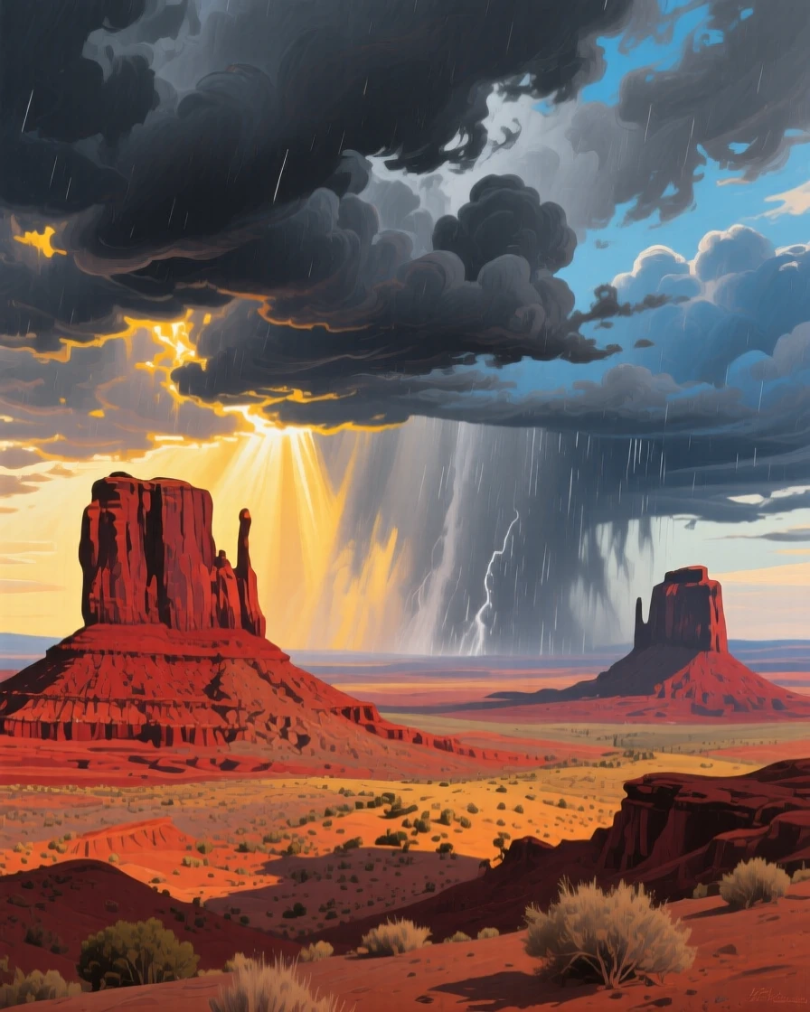 A dramatic sky over Monument Valley shows a distant rainstorm visible as gray curtains beneath dark clouds, sunlight breaking through to spotlight the red mesas, distant weather visible on the horizon hinting at conditions that will arrive within the hour.