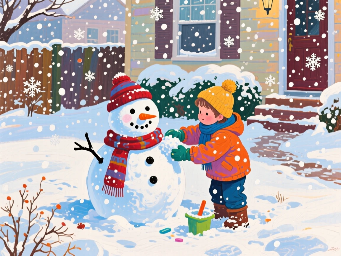 A child building a snowman in a front yard as thick snowflakes fall silently around them