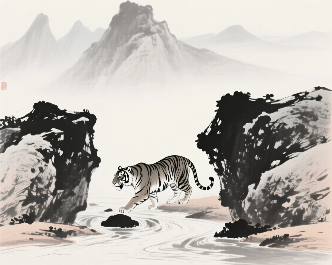 A tiger crosses a shallow stream between two boulders, beneath towering peaks fading into the distance.
