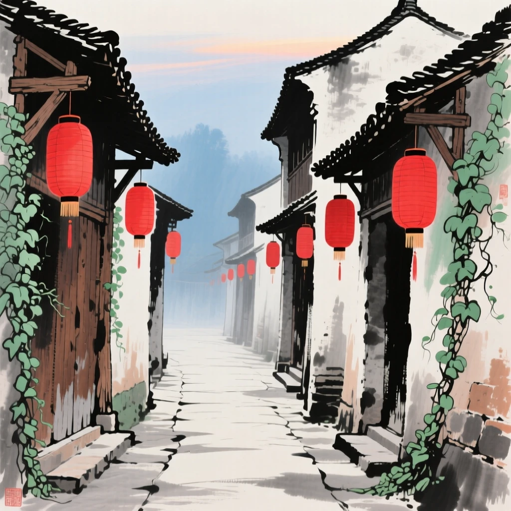 A row of red lanterns hanging along an old village lane, brimming with peaceful contentment.