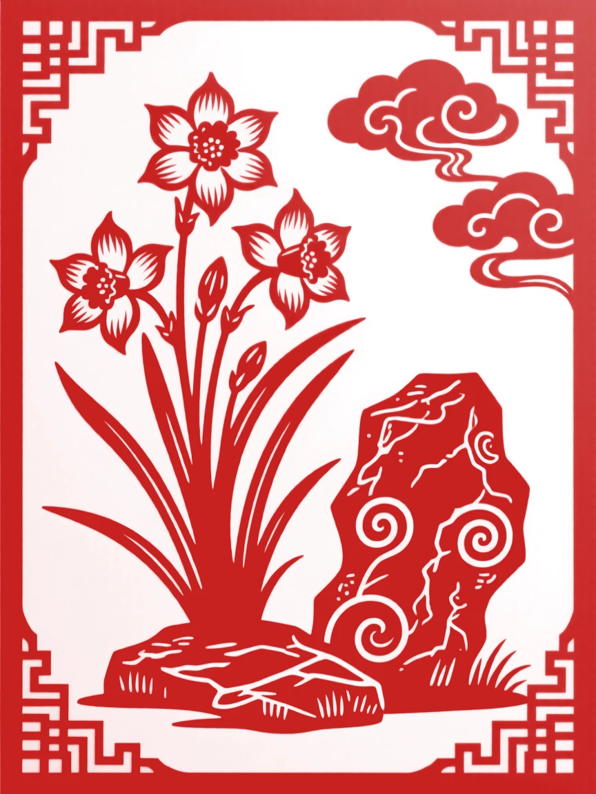A cluster of daffodils blooming beside a garden rock during the Lunar New Year season, symbolizing good fortune