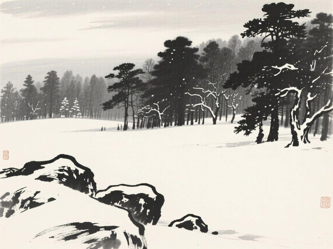 A quiet forest clearing dappled with soft light under a pale winter sky heavy with unfallen snow, framed low, with the foreground rocks leading the eye toward the distance, evoking a deep sense of solitude and quiet grandeur.