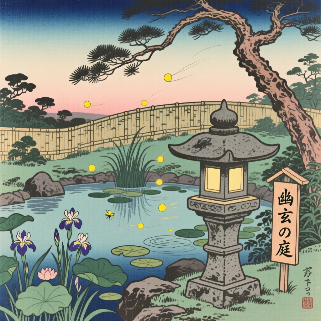 A stone lantern beside a garden pond, glowing softly with fireflies at dusk.