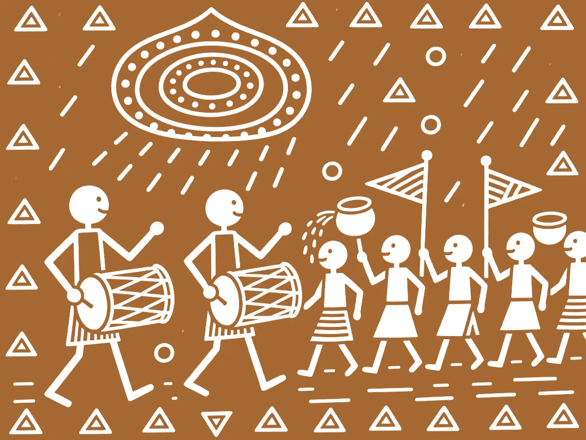 A monsoon welcoming ritual celebrated with drummers leading a joyful procession.