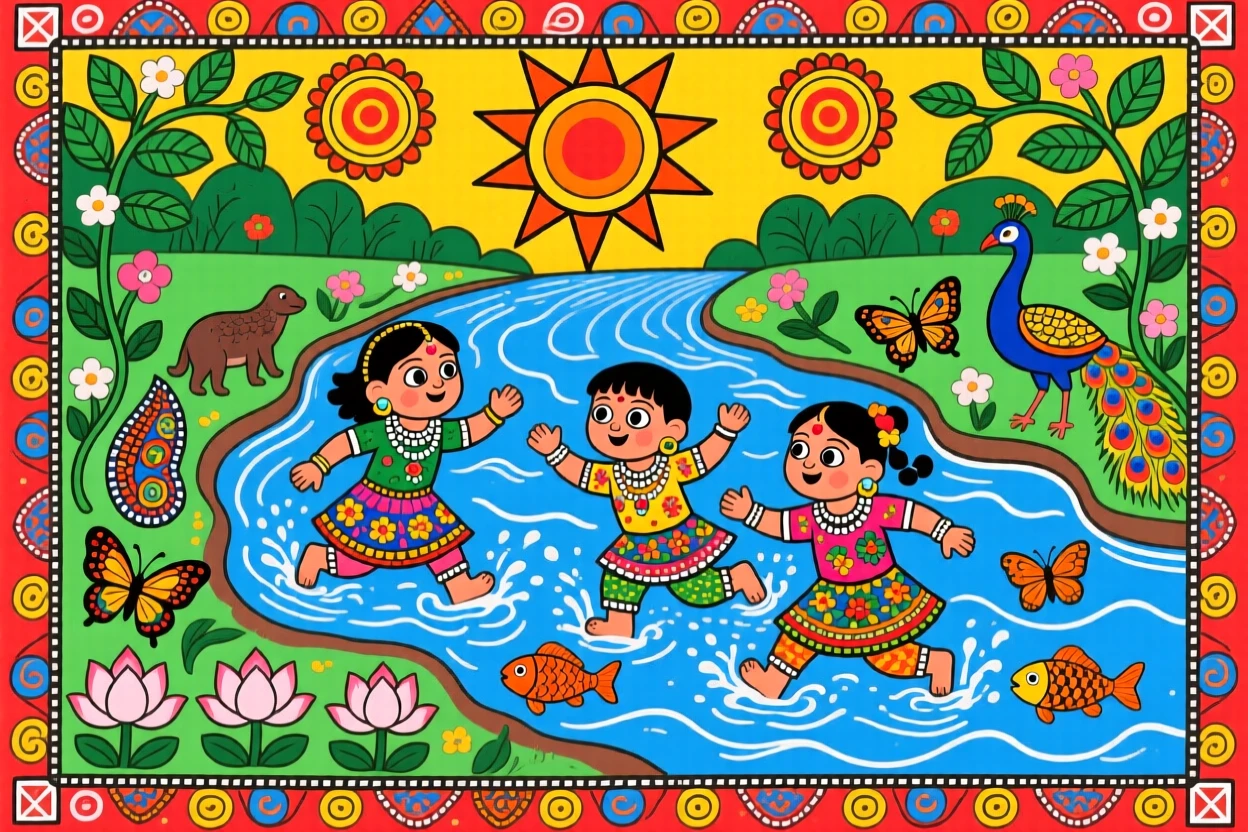 Children splashing joyfully in a shallow river on a hot afternoon.