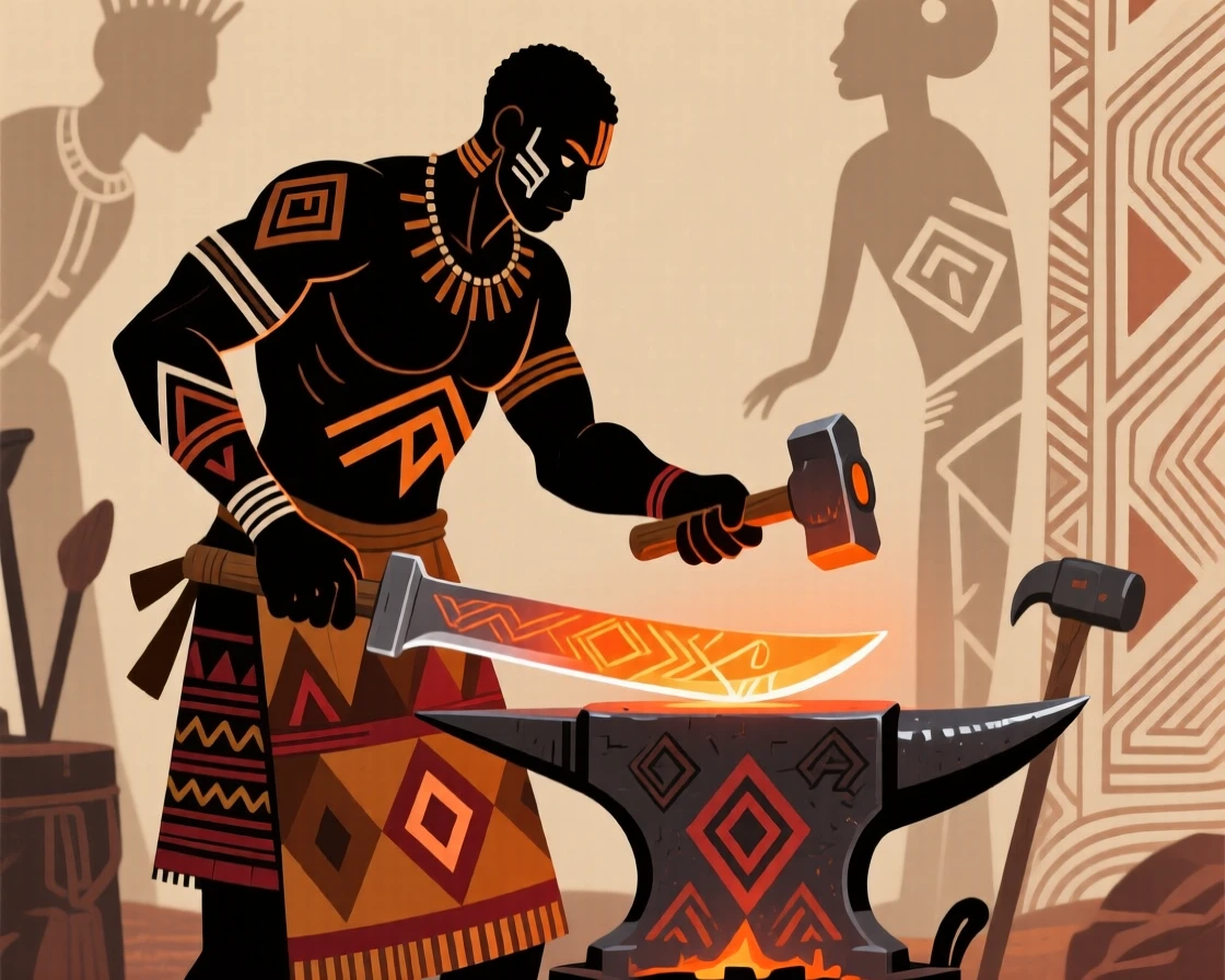 A blacksmith hammering a glowing blade at his forge.