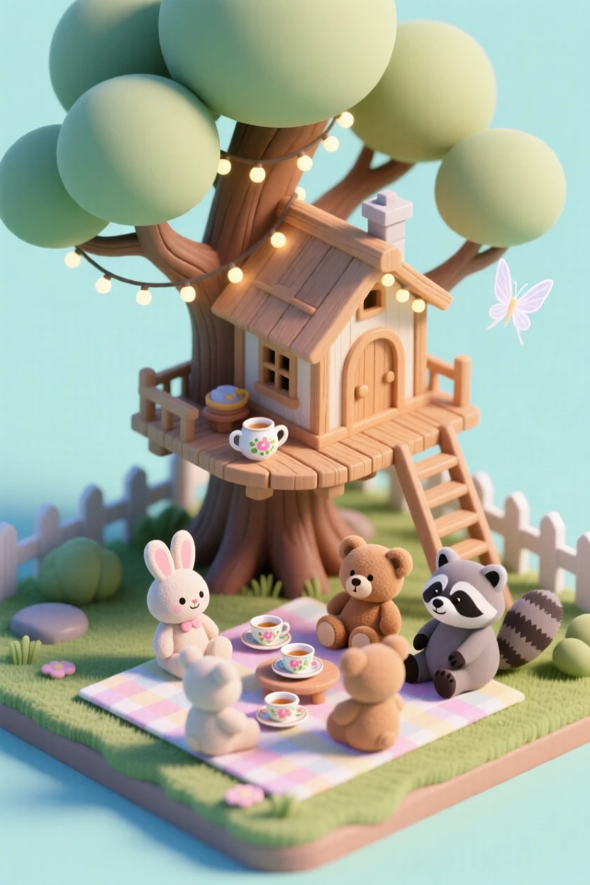 A backyard treehouse tea party with tiny cups and saucers, stuffed animal guests seated around a blanket, and fairy lights strung through the branches.