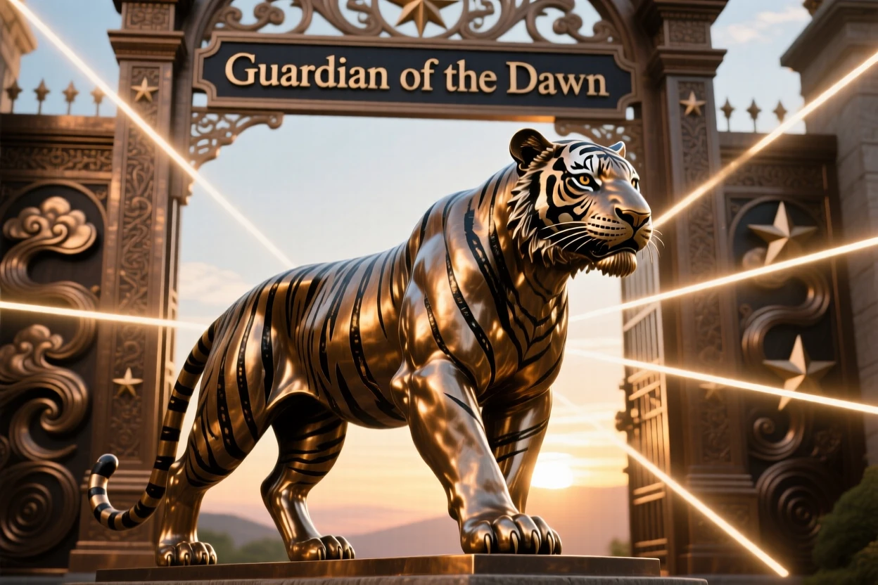 A celestial tiger guarding the gates of dawn, surrounded by radiant beams of light, radiating awe and grandeur
