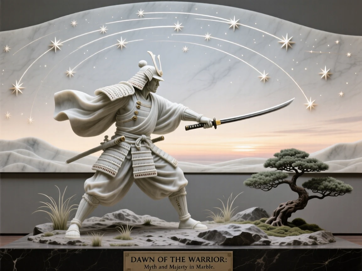 An epic scene of a samurai warrior drawing his blade at dawn, under a sky filled with shooting stars, evoking myth and grandeur