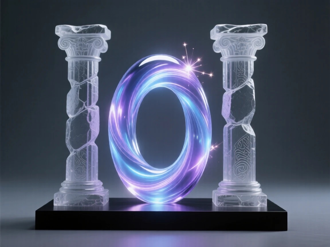 A magical portal glowing between two ancient stone pillars, bathed in soft magical light with drifting sparkles in the air, epic and awe-inspiring composition, evoking wonder and adventure.