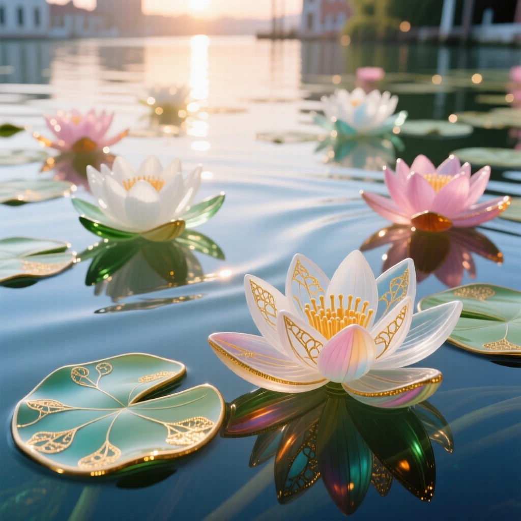 A tranquil pond covered in blooming water lilies at dawn, peaceful and painterly.