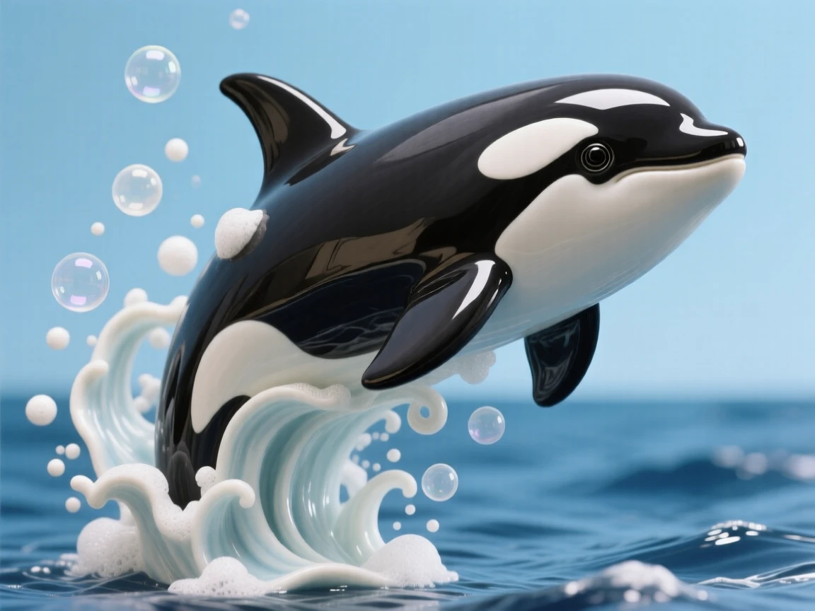 A orca breaching in a spray of foam drifting weightlessly through open blue, surrounded by drifting bubbles, radiating playful, gentle joy.