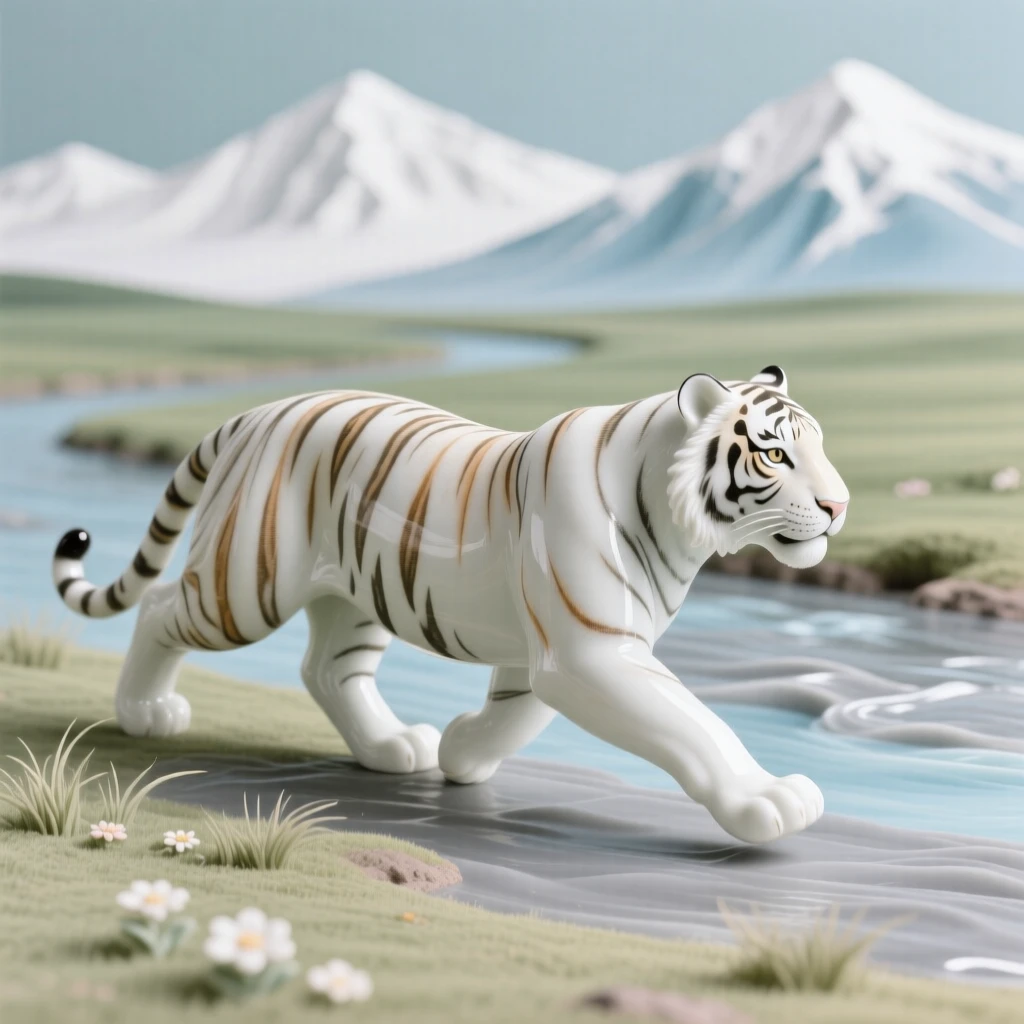 A gentle tiger running freely across an open plain in a tranquil riverside, framed by distant snow-capped peaks.