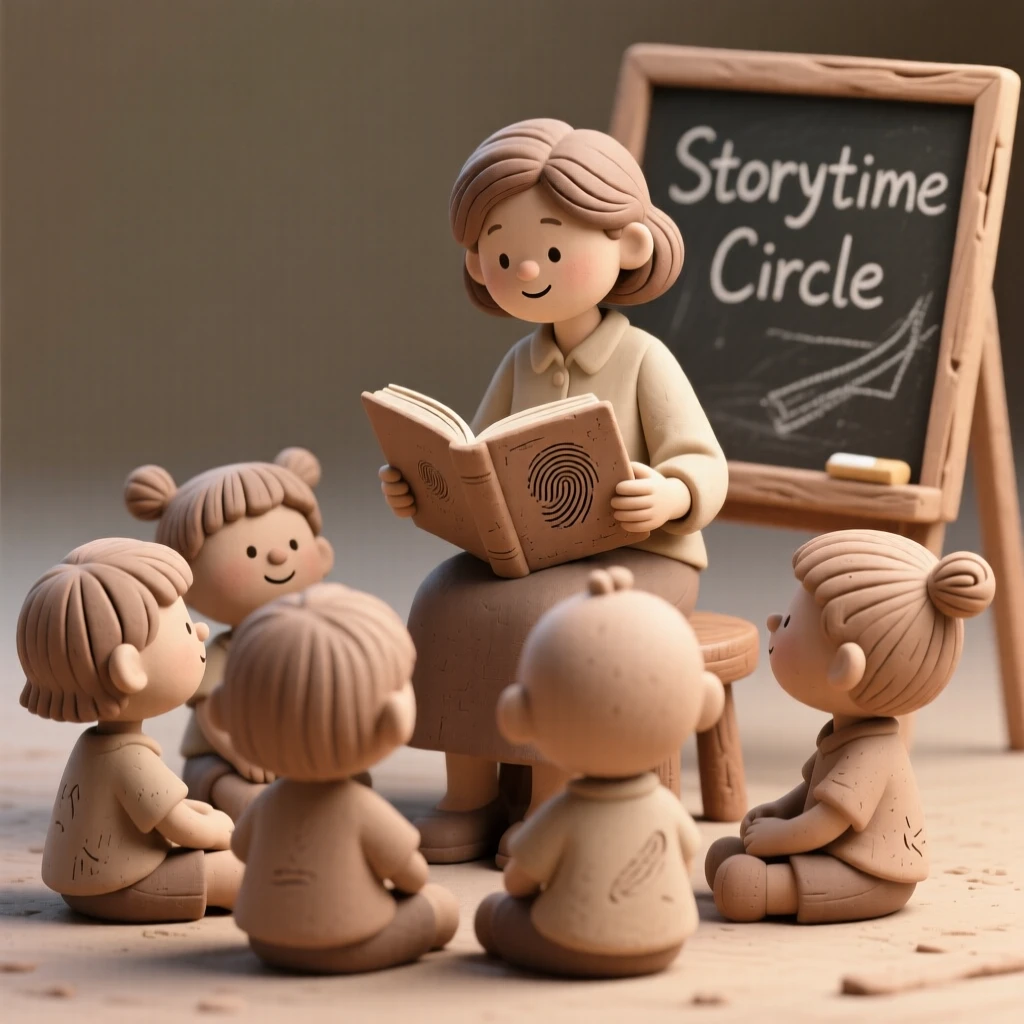 A teacher reading aloud to a circle of attentive children