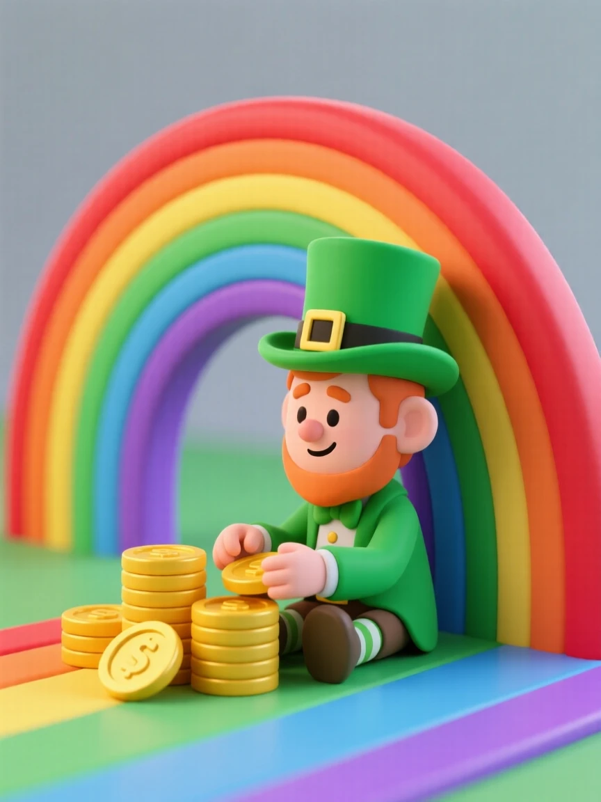 A clever leprechaun counts gleaming gold coins beside a rainbow's end, a tiny green top hat tilted rakishly.