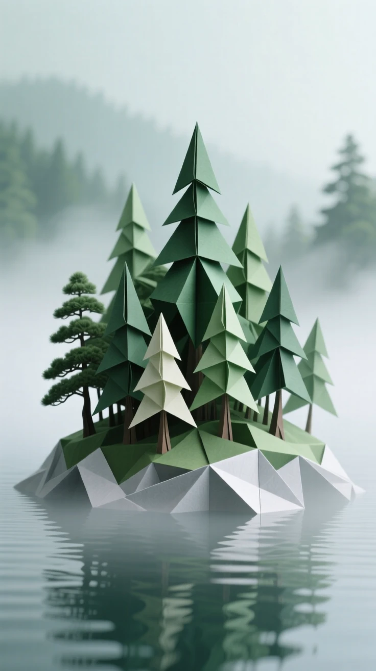 A tranquil pine-covered island rising from a still, fog-covered lake.