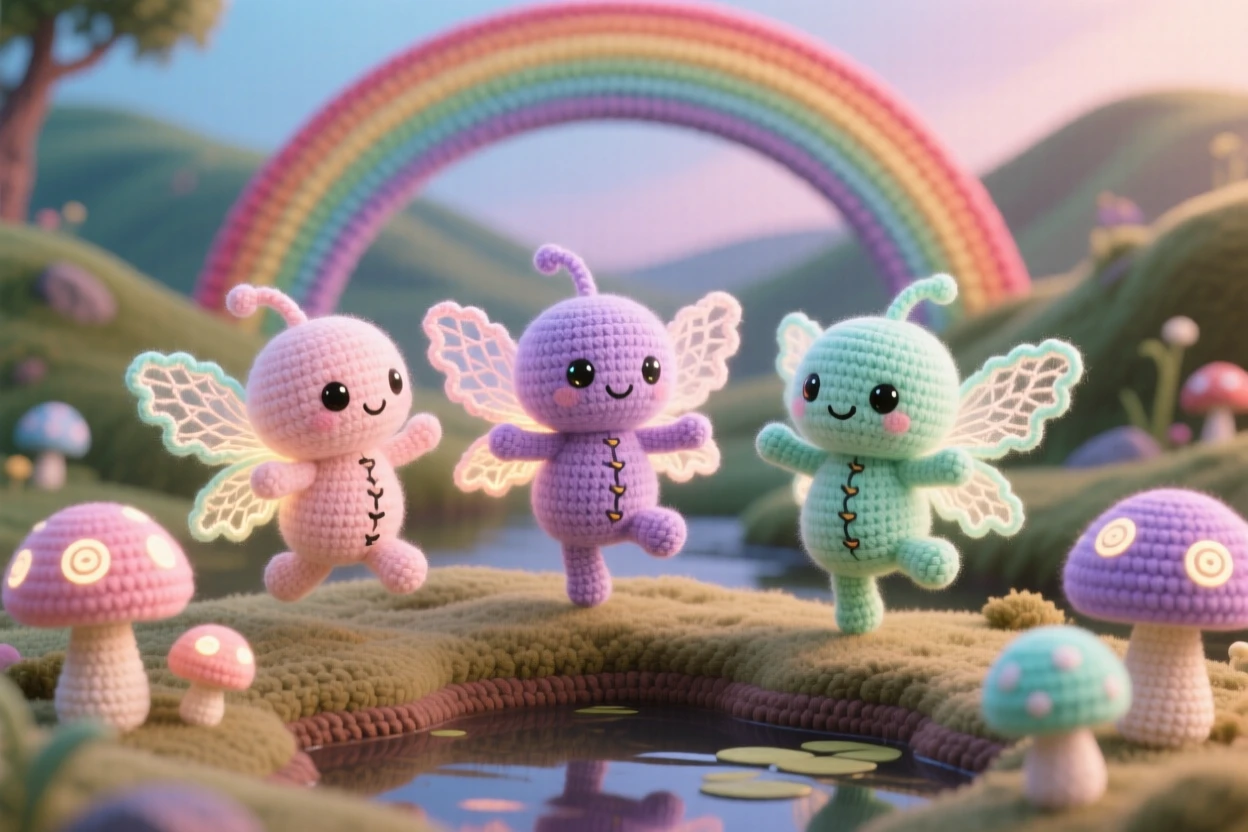 In a rainbow bridge arching over a quiet valley, a tiny will-o'-the-wisp trio glowing in soft pastel colors is captured dancing playfully above a quiet swamp, surrounded by a cluster of luminous mushrooms, filled with a warm, protective tenderness.