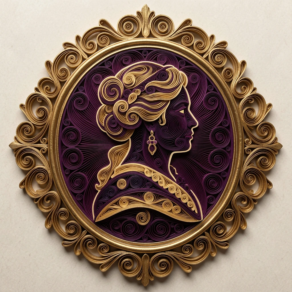 a Victorian-inspired cameo silhouette portrait, mounted within a gilded oval frame, with perfect radial symmetry from the center outward, in rich plum and antique gold hues.
