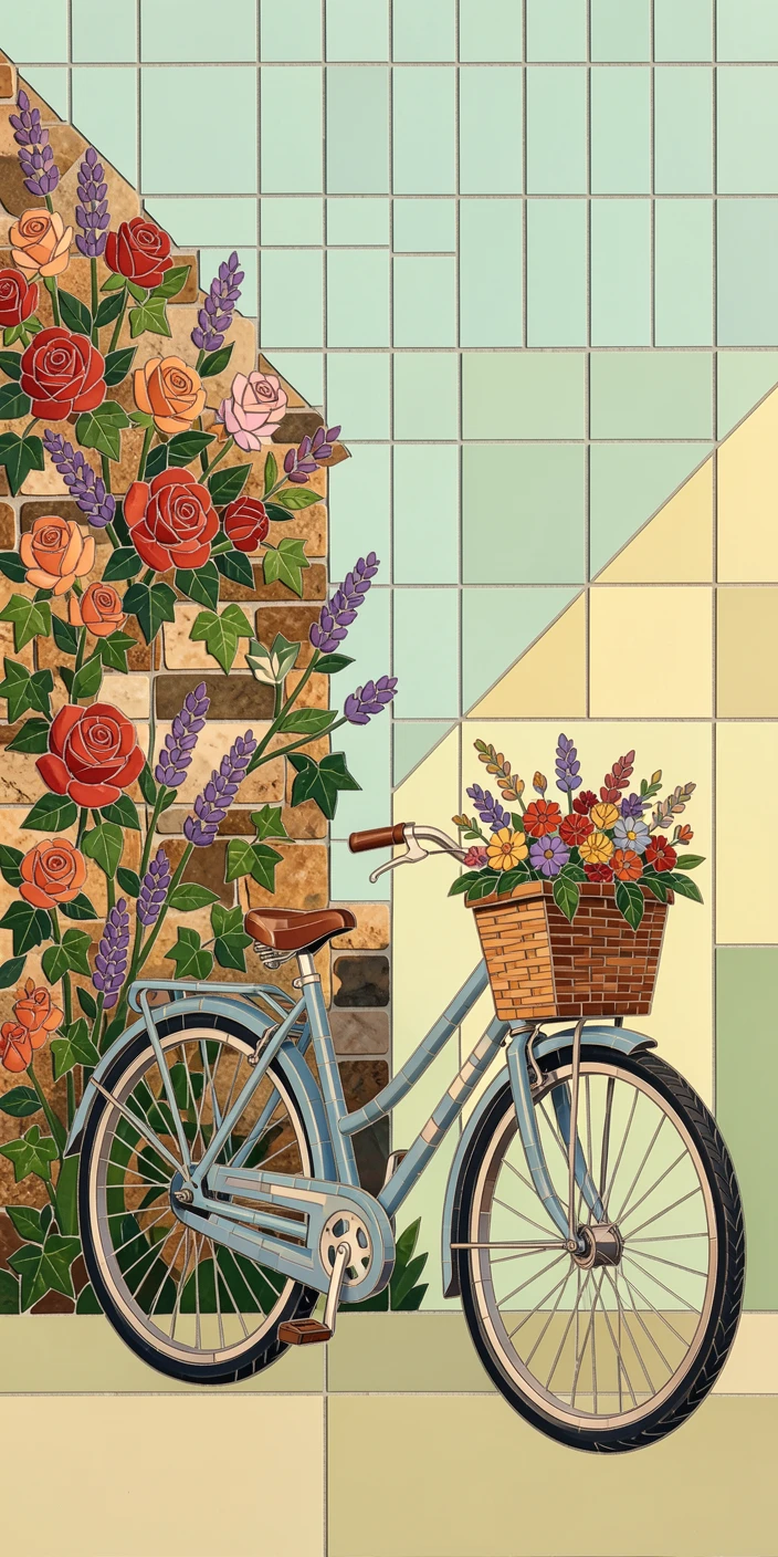 A charming, nostalgic scene of a bicycle leaning against a flower-covered cottage wall, evoking calm and comfort.