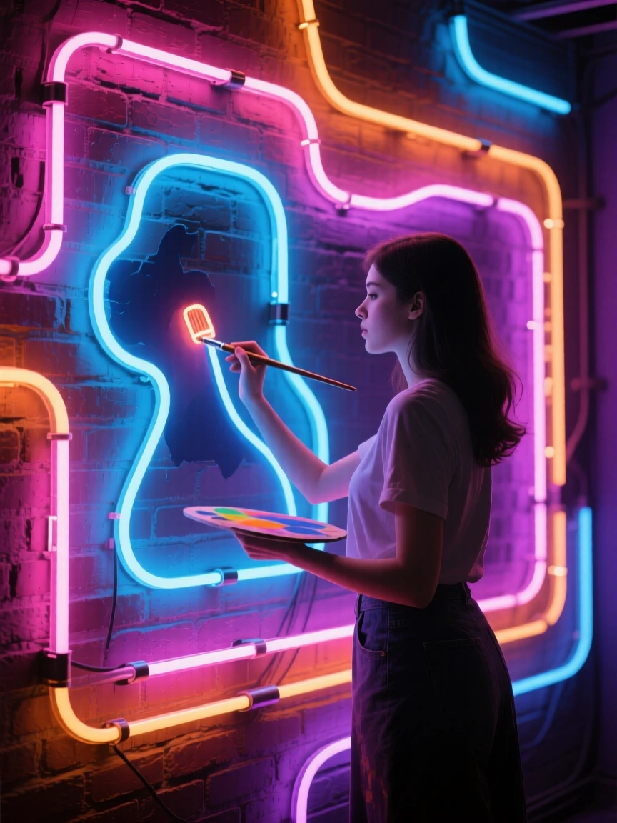 A young woman painting a mural on a brick wall.