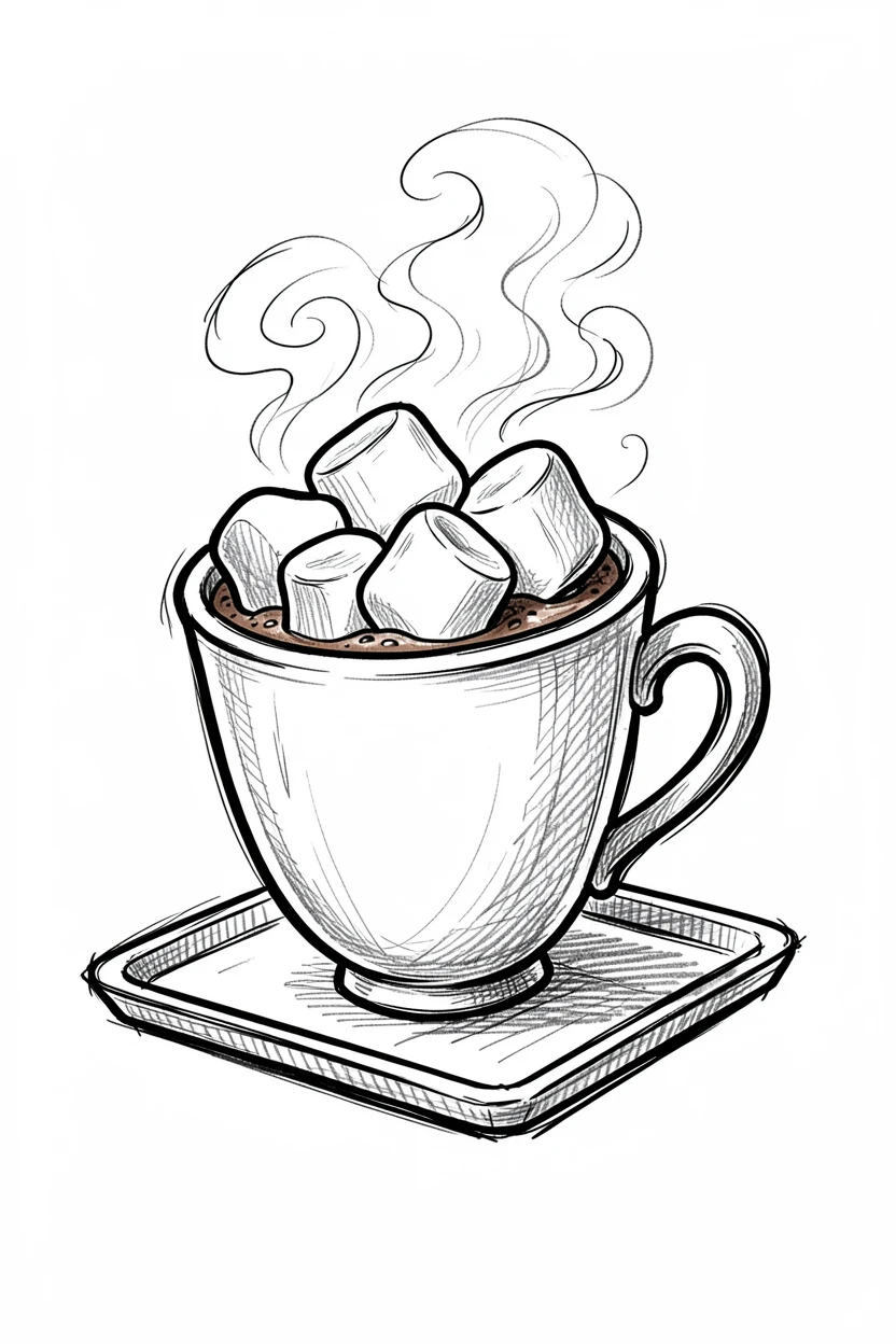 A steaming mug of hot chocolate with marshmallows on a tray carried to a celebration.