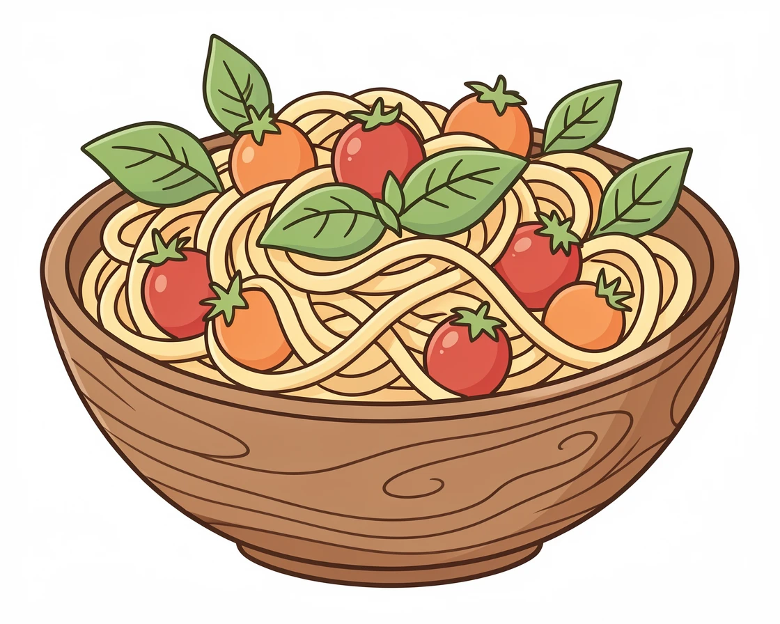 A wooden bowl of fresh pasta tossed with cherry tomatoes and basil.