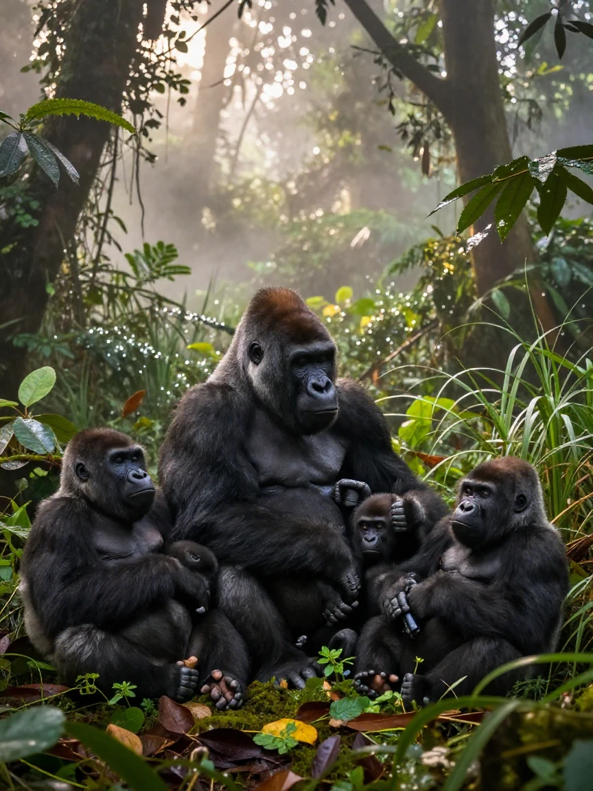 A gorilla family resting in a misty jungle clearing