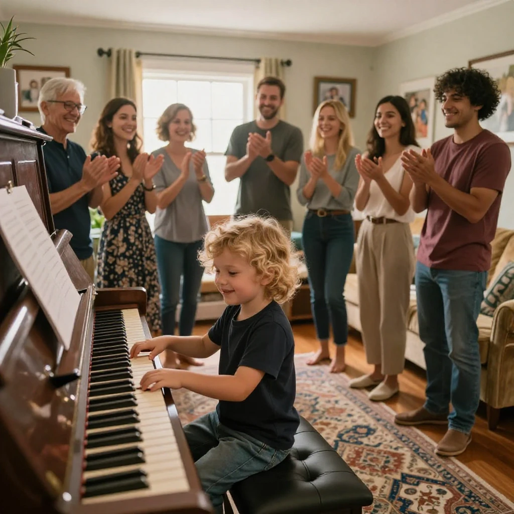 A big family gathers around a piano while the youngest child plays a simple tune everyone claps along to.