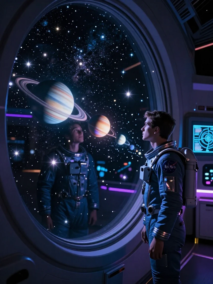 A young astronomer observing a rare celestial alignment at the edge of the solar system