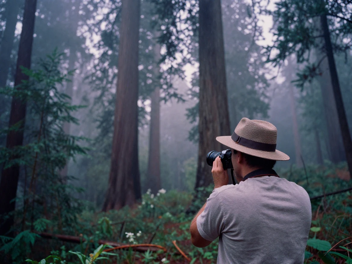 Towering redwoods disappearing into low-hanging mist, in cool blue twilight, under a light drizzle, in the height of summer, in soft muted pastels, over the shoulder of the main subject.