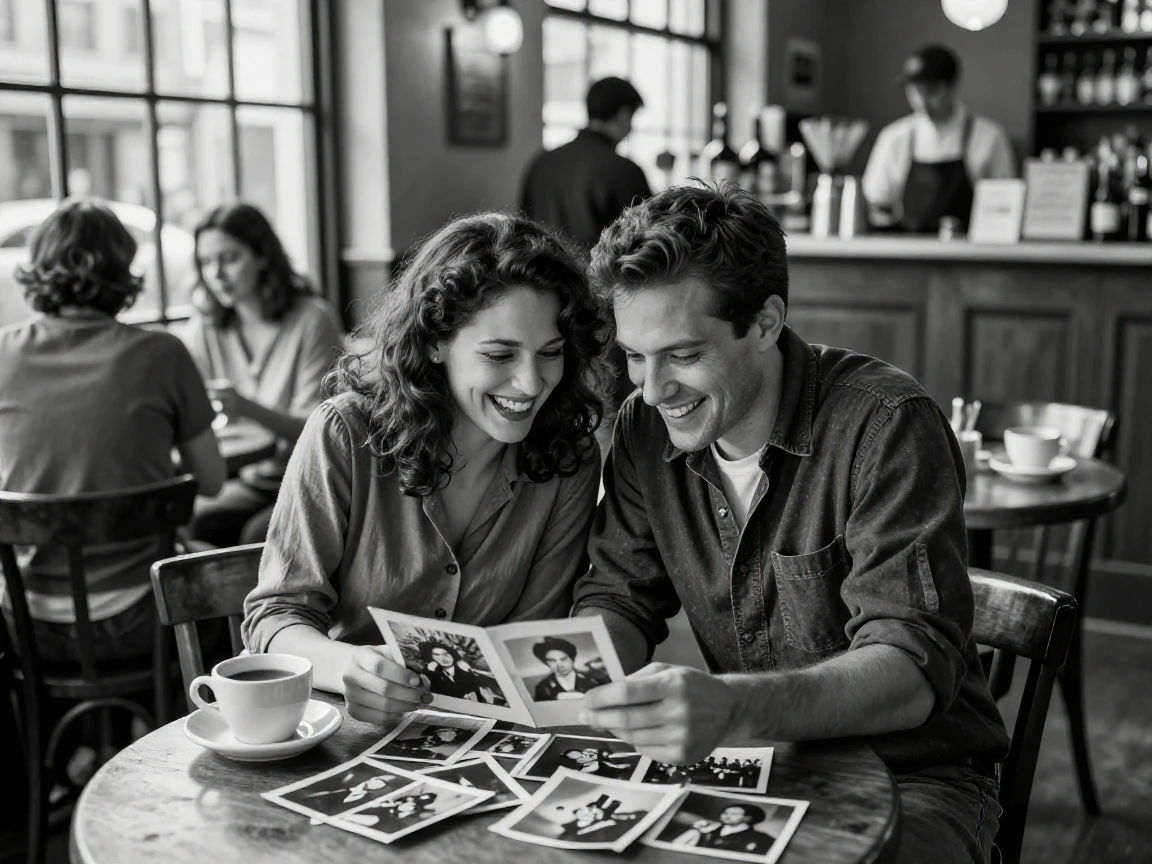 Two childhood friends laugh together over old photographs in a bustling coffee shop.