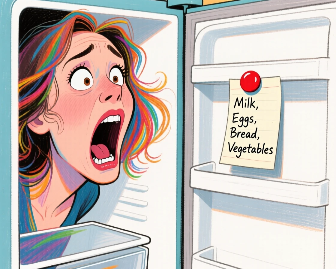 A woman mid-shriek as she opens the fridge to find it completely empty.