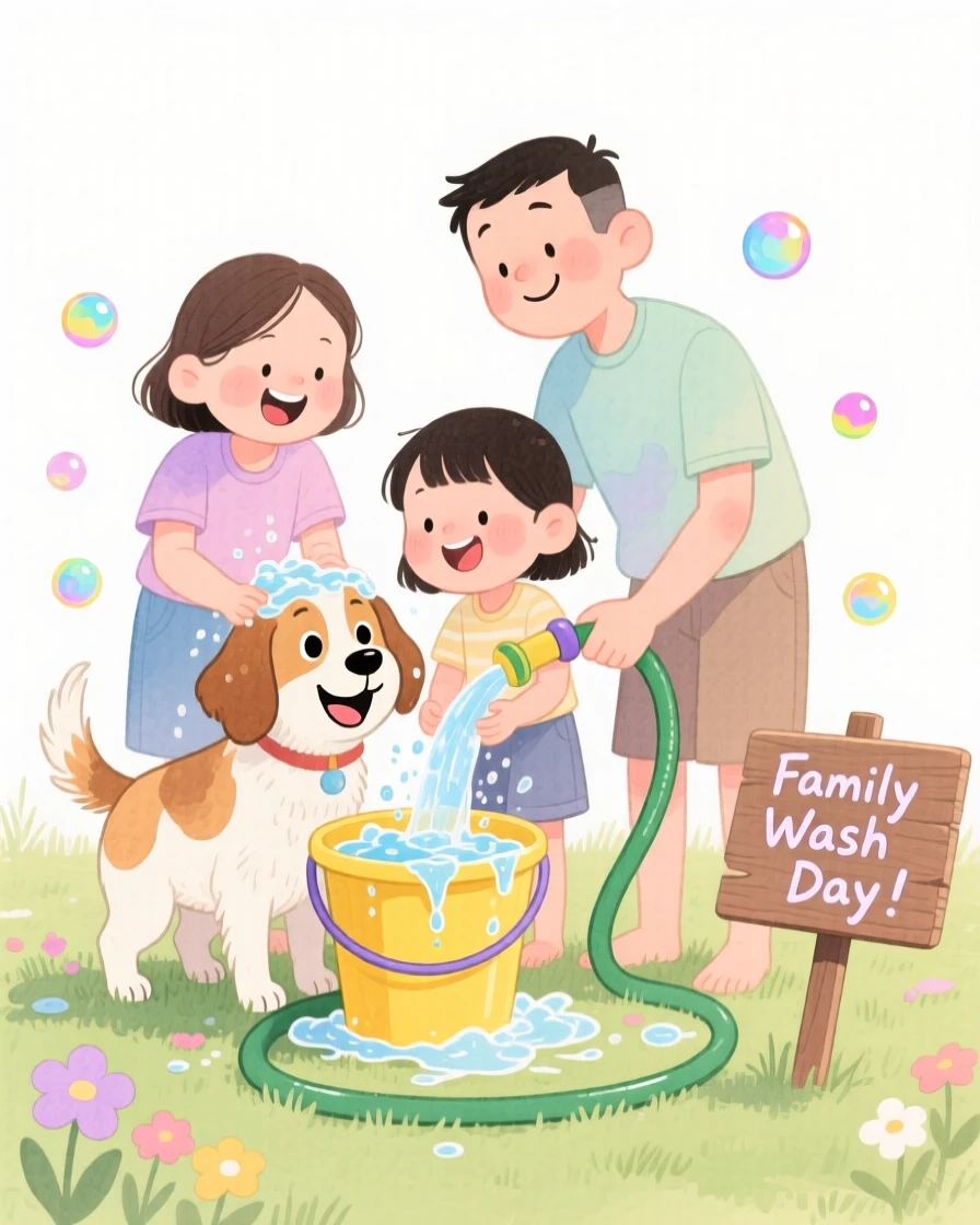 An adoptive family celebrating together washing a happy dog together in the front yard