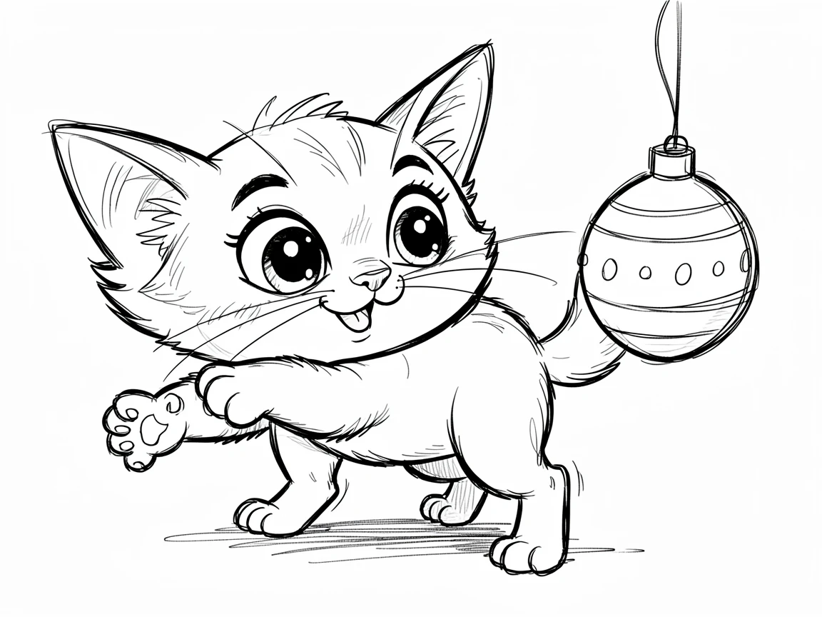 [Cute Animals & Pets] Adorable scene of a curious cat batting at a dangling holiday ornament, bursting with charm and playful energy