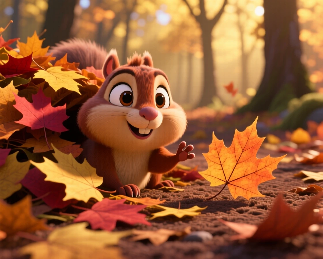 A chipmunk with full cheeks is peeking out from a pile of autumn leaves, reaching out a tiny paw. The scene feels warm and heartwarming, with a single fallen leaf beside it.