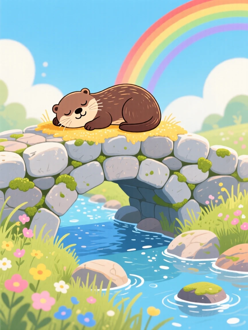 In a stone bridge over a creek, a playful otter spends the afternoon napping in a patch of sunlight, with a rainbow arching in the distance.
