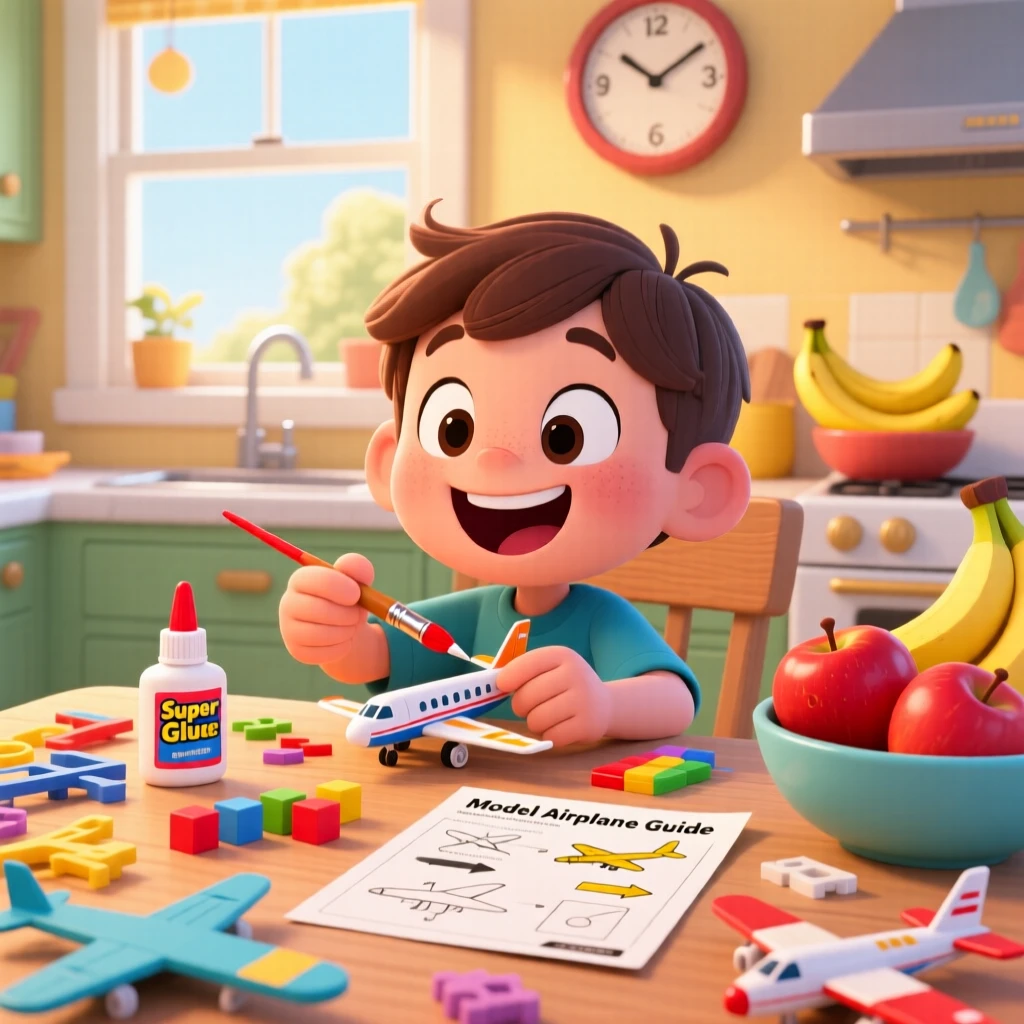A child assembling a model airplane at the kitchen table.