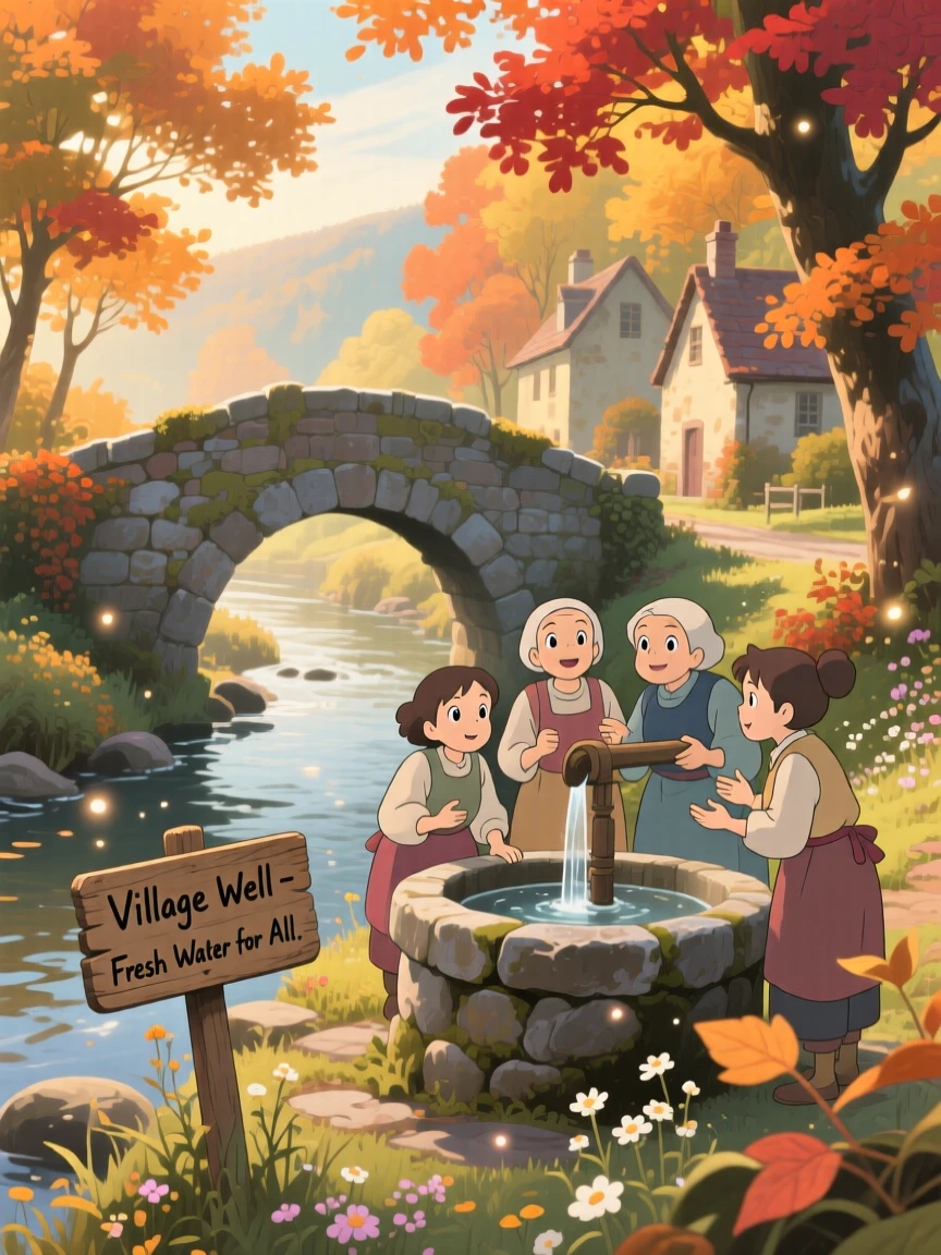 A stone bridge crossing a slow-moving village stream, with villagers chatting near a well-worn fountain, on a crisp autumn morning.