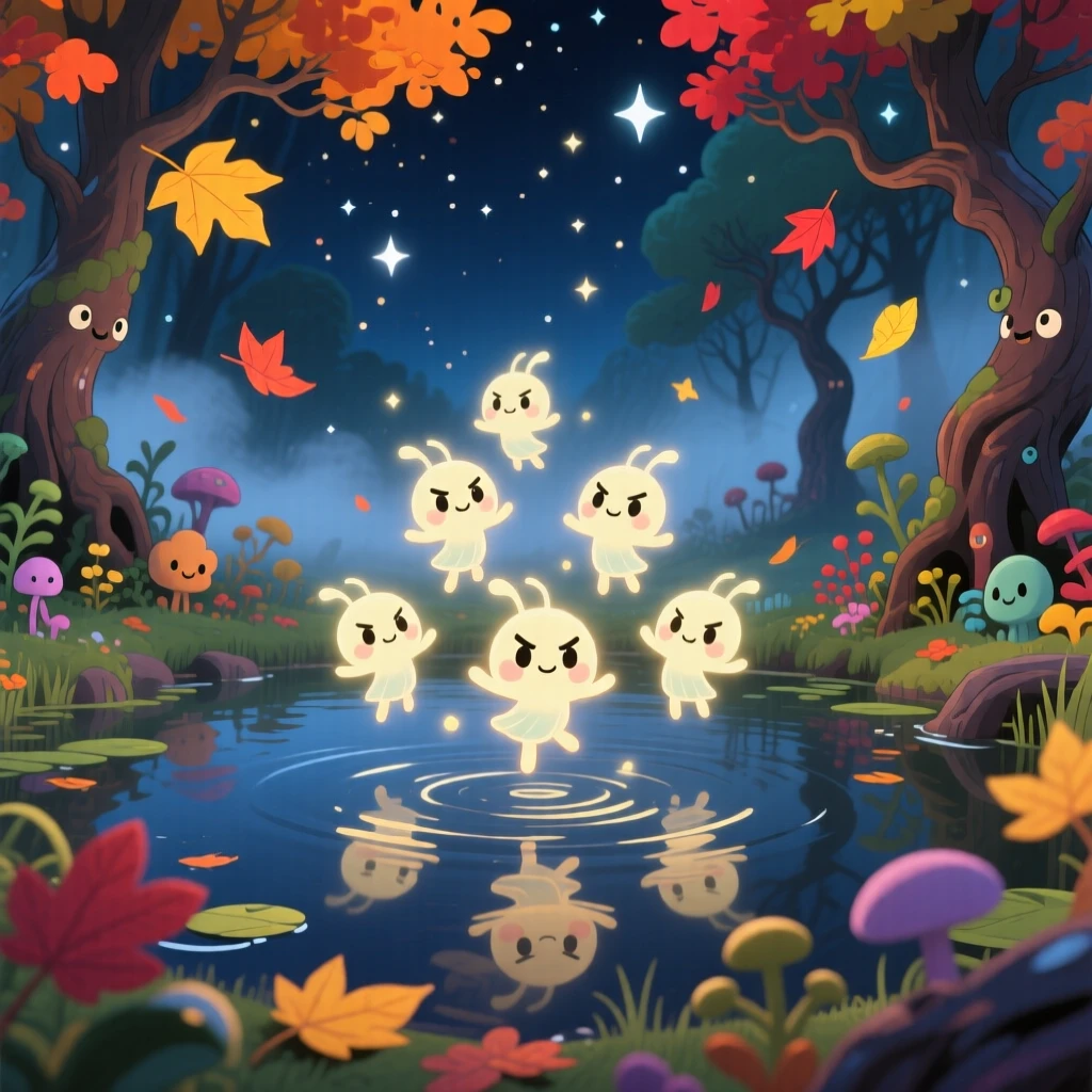 Wide establishing shot of a cluster of tiny glowing wisps, dancing above a still forest pond, in a mist-covered enchanted swamp, with autumn leaves swirling around, illuminated by sparkling starlight, radiating proud determination.