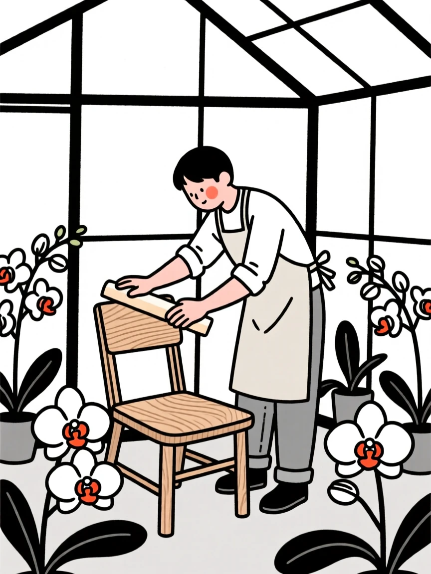 A carpenter sanding a wooden chair in a greenhouse full of orchids.