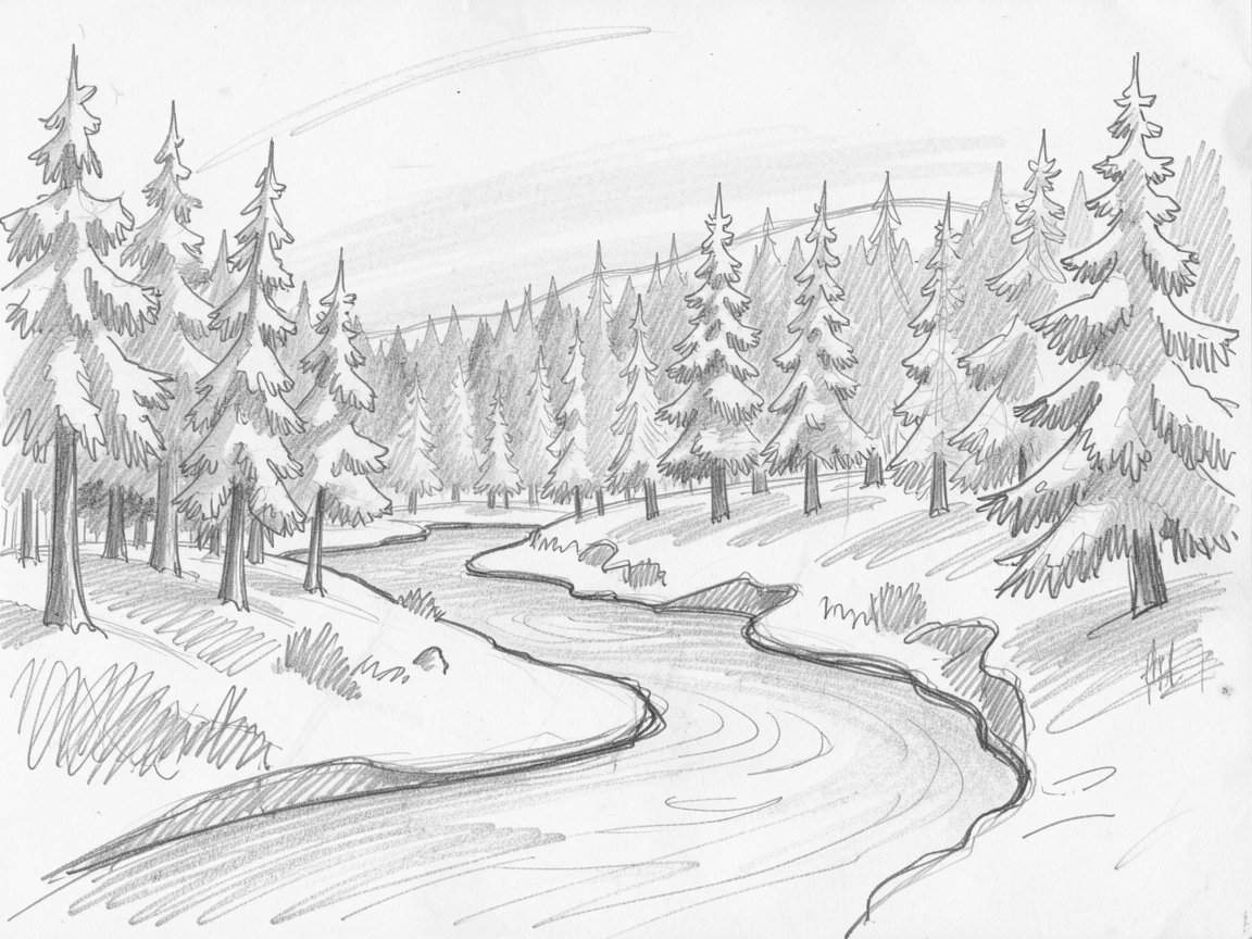 Sweeping landscape of a pine forest after fresh snowfall glowing under the last light of sunset, with a winding river cutting through the scene.