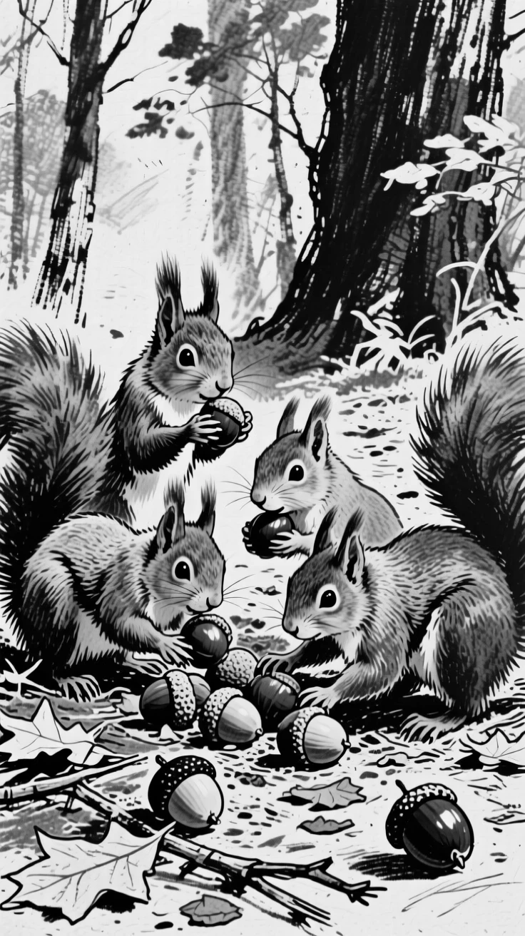 A squirrel gathering acorns gathered together as a family in their natural habitat.